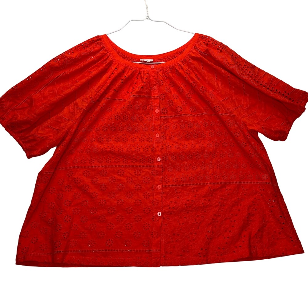 Artelier Nicole Miller Blouse Womens XL Red Orange Cotton Eyelet Puff Sleeve Top